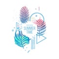 Template geometric design for summer season sales. Layout with geometric elements, watercolor texture and tropical leaf Royalty Free Stock Photo