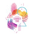 Template geometric design for summer season sales. Layout with geometric elements, watercolor texture and tropical leaf Royalty Free Stock Photo