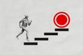 Template graphics collage image of purposeful excited lady running stairs achieve success isolated grey color background