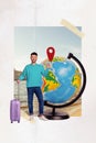 Template graphics collage image of smiling positive guy choosing new trip destination isolated colorful background