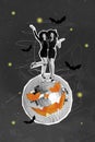 Template graphics collage image of smiling sexy witches dancing halloween discotheque isolated grey color background