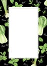 Template of green vegetables with lettering: onion, parsley, basil and bok choy, watercolor painting.