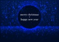 Template of greeting card, Merry Christmas and happy New Year, with round frame, glowing snowflakes blue winter background Royalty Free Stock Photo