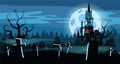 Template Halloween holiday graveyard, black abandoned castle, gloomy autumn forest, panorama, moon, crosses and