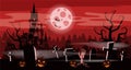 Template Halloween holiday pumpkin, cemetery, black abandoned castle, gloomy autumn forest, panorama, moon, crosses and