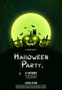 Template for Halloween party. Terrible concept of crosses, graves and glowing pumpkins. Green dust. Black owl. Full moon. Vertical