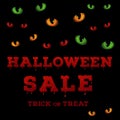 Template of halloween saleposter with evil eyes glowing in the dark and bloody font Royalty Free Stock Photo