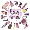 Template with hand drawn hair styling and care products