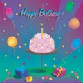 Template for Happy Birthday card with cake and ballon Royalty Free Stock Photo