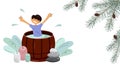 Template of happy boy taking spa treatments in hot tub or wooden barrel. Spa sauna pleasures, joyful well-being Royalty Free Stock Photo