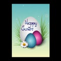 Template for Happy easter card with easter eggs, daisy flower. vector illustration.