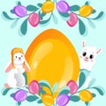 Template Of Happy Easter Postcard. Paschal Egg Ornament Of Multicolored Eggs, Lamb And White Rabbit With Golden Easter