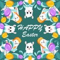 Template Of Happy Easter Postcard. Paschal Egg Ornament Of Multicolored Eggs, Rabbits And Lambs With Happy Easter