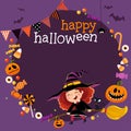 Template with happy little witch girl and candies in Halloween concept