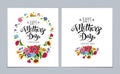 Template Happy Mother`s Day cards on light blue background. Lettering Happy Mothers Day in flower frame