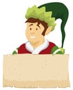 Template with Happy Santa`s Helper Elf behind Greeting Scroll, Vector Illustration Royalty Free Stock Photo