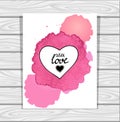 Template heart frame in pink lilac white watercolors stain on grey wood background