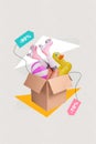 Template image drawing collage of surprise cardboard box with summer stuff for holidays special offer sale up to 70 90