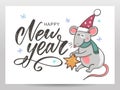 Template image Happy new year party with rat, white background new year 2020. Funny sketch mouse Vector illustration