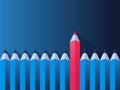 Vector illustration of line of blue pencils and one red pencil. Business concept for ideation, creativity, brainstorming, cost red