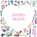 Template of inverted heart shape  with   items for sewing. Hand drawn ink and colored sketch of different elements. Royalty Free Stock Photo