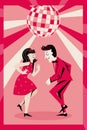 Template for invitation, banner, poster. Loving couple dancing at a party. Retro-style. Minimalism. Royalty Free Stock Photo