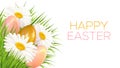 Easter background with realistic Easter eggs, daisies and inscription Happy Easter Royalty Free Stock Photo