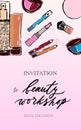 Template of invitation to beauty workshop on pink background