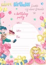 Template invitation to a child birthday party. Princess, a boy with a cake, gift boxes, bows, stars. Royalty Free Stock Photo