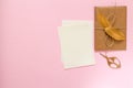 Light brown envelope with a gold feather for wedding invitations on a pink background.