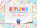 Template of kids diploma for kindergarten, school, preschool or playschool.