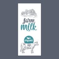 Template label with cow. Farm milk lettering.