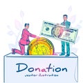 Template landing page concept donation. Man throws money in a box for donations.