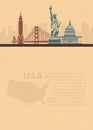 Template leaflets with a map and architectural landmarks of the USA and place for text on old paper