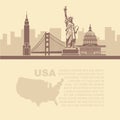 Template leaflets with a map and architectural landmarks of the USA and place for text