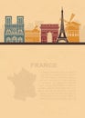 Template leaflets with a map of France and architectural landmarks of Paris on old paper