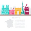 Template leaflets with a map of France and architectural landmarks of Paris