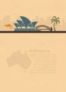 Template leaflets with a map and symbols of the Australia and place for text on old paper