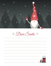 Template for letter to Santa Claus. Christmas layout with cute gnome for wish lists, greeting cards and invitations