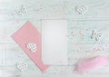 Template for lettering, letter with envelope and pen of pink color. Love card