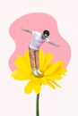 Template magazine collage of funky guy climb high yellow bright daisy look down floral garden growing concept