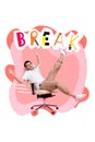 Template magazine collage of funny happy young guy manager enjoy work break ride office armchair over picture background