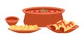 Mexican cuisine dishes vector illustration. Local food emblem. Nachos and burrito on plates Royalty Free Stock Photo