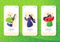 Template for mobile app, page onboard screen set on winter holidays theme. Website layout with flat people characters celebrating