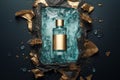 Template mockup of serum face care bottle in teal golden colours on aqua background