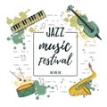 Vector illustration with saxophone, piano, violin, drum. Royalty Free Stock Photo