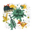 Vector illustration with saxophone, piano, violin, french horn, drum. Royalty Free Stock Photo