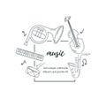 Vector illustration with saxophone, piano, violin, french horn, drum. Royalty Free Stock Photo