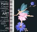 Template for musical banner with abstract text, flowers and cute little fairy girl playing on piano keyboard Royalty Free Stock Photo