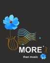 Template for musical banner with lyre in shape of blue cosmos flower and waves ornament symbolizing musical staff